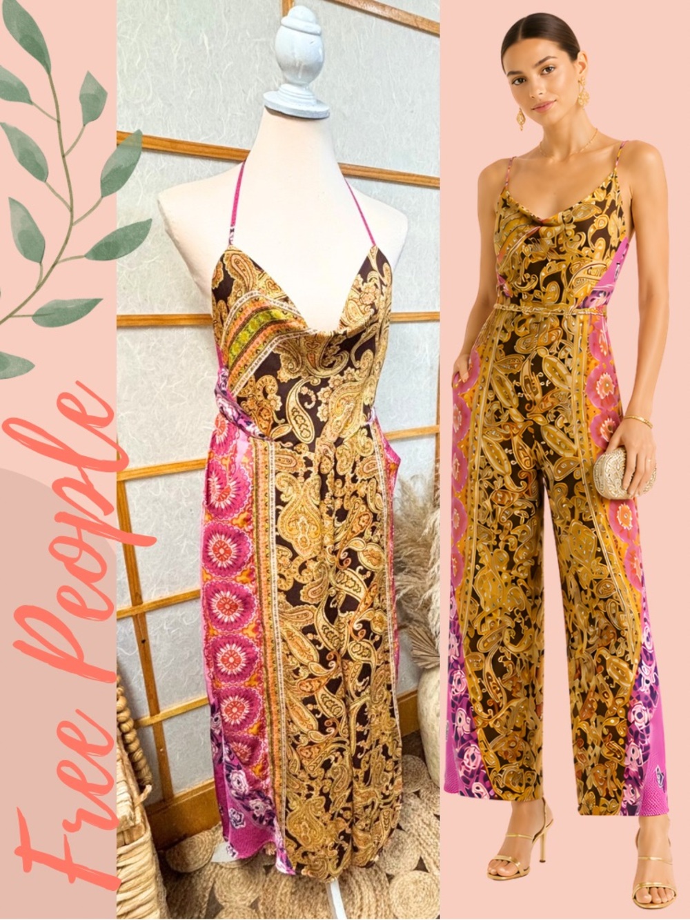 Free People Miranda Jumpsuit-Large NWT  Paisley Wide-Leg Jumpsuit in Pink & Gold
